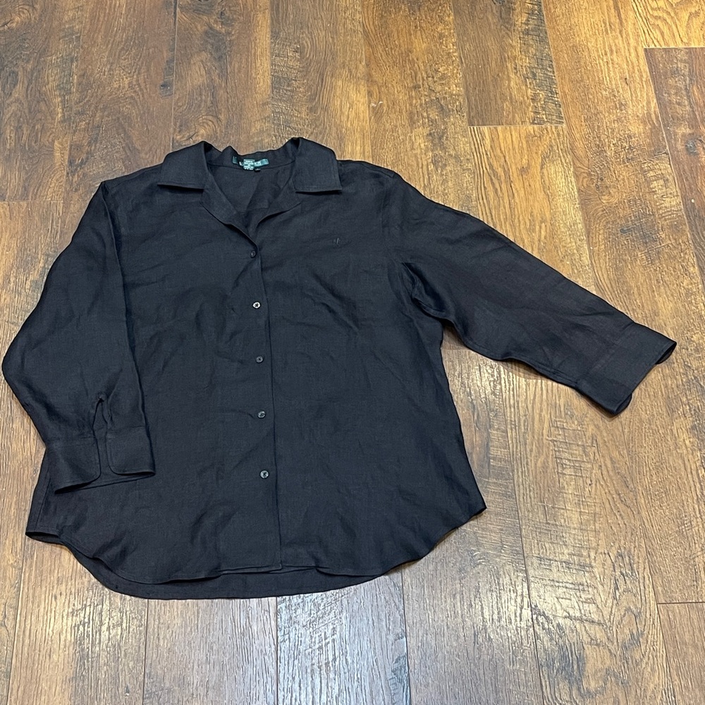 Lauren Ralph Lauren linen solid black button down size large